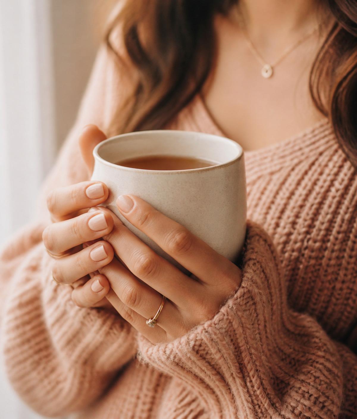 Hands cradling a warm mug of tea